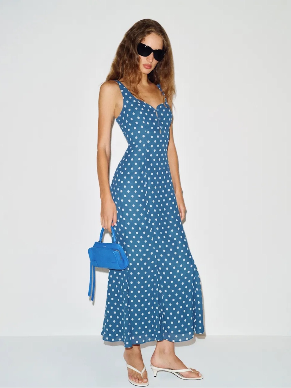Reformation Blue Polka Dot Sleeveless Maxi Dress - Laine Dress - Picture 2 of 5